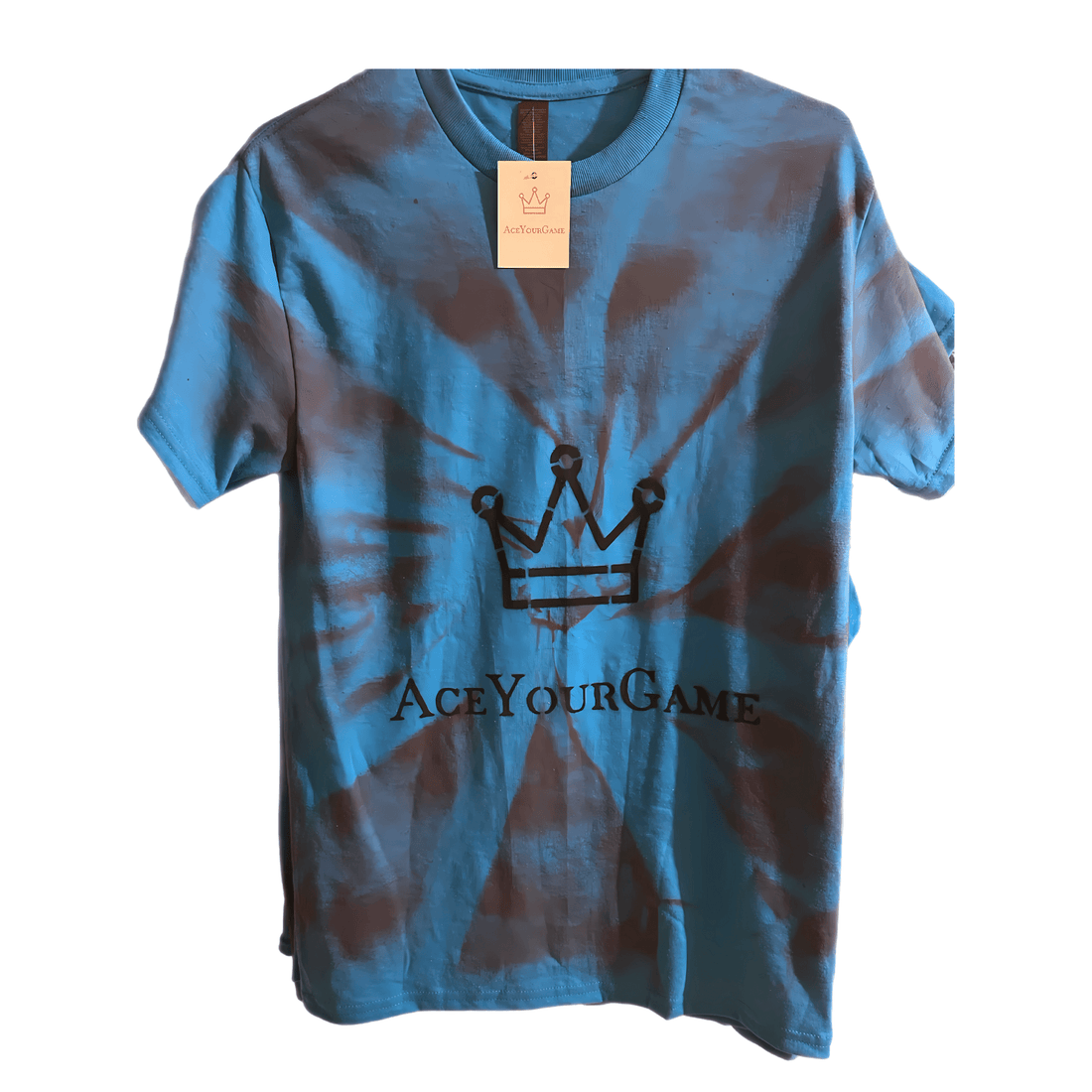 “AceYourGame” Crown Tee — Blue Shirt, Black Logo, Red Fade (Stencil Design) - AYGOfficialStore