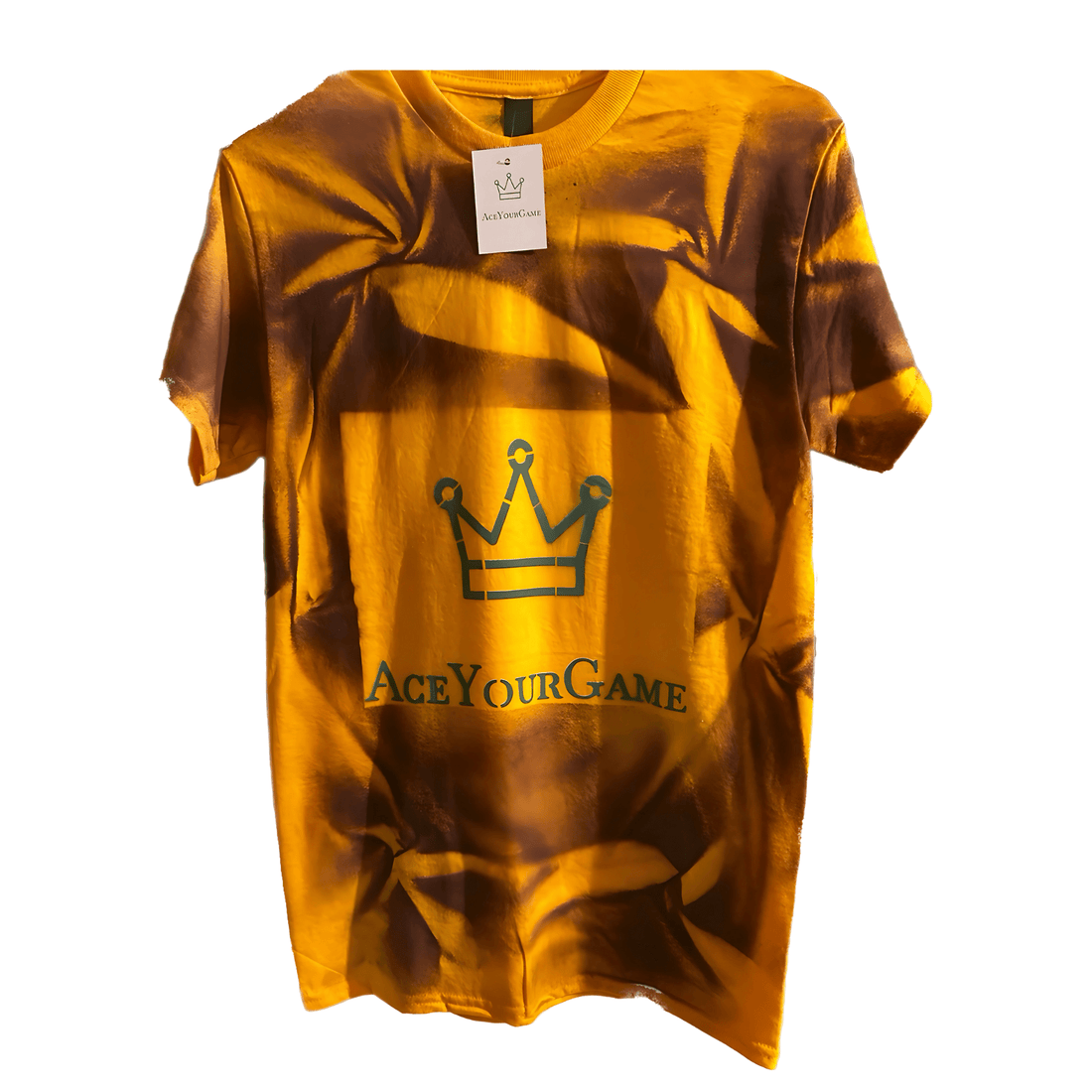One - of - a - Kind “AceYourGame” Crown Tee — Gold Shirt, Blue Logo, Purple Fade (Stencil Design) - AYGOfficialStore